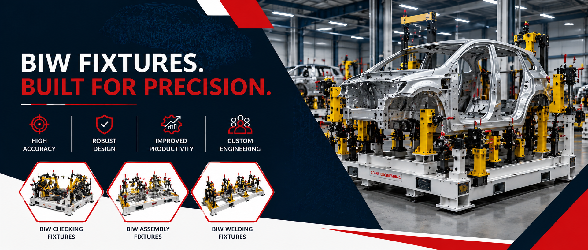BIW fixtures. Built for precision. High accuracy, robust design, improved productivity and custom engineering. Body in White checking, assembly and welding fixtures.