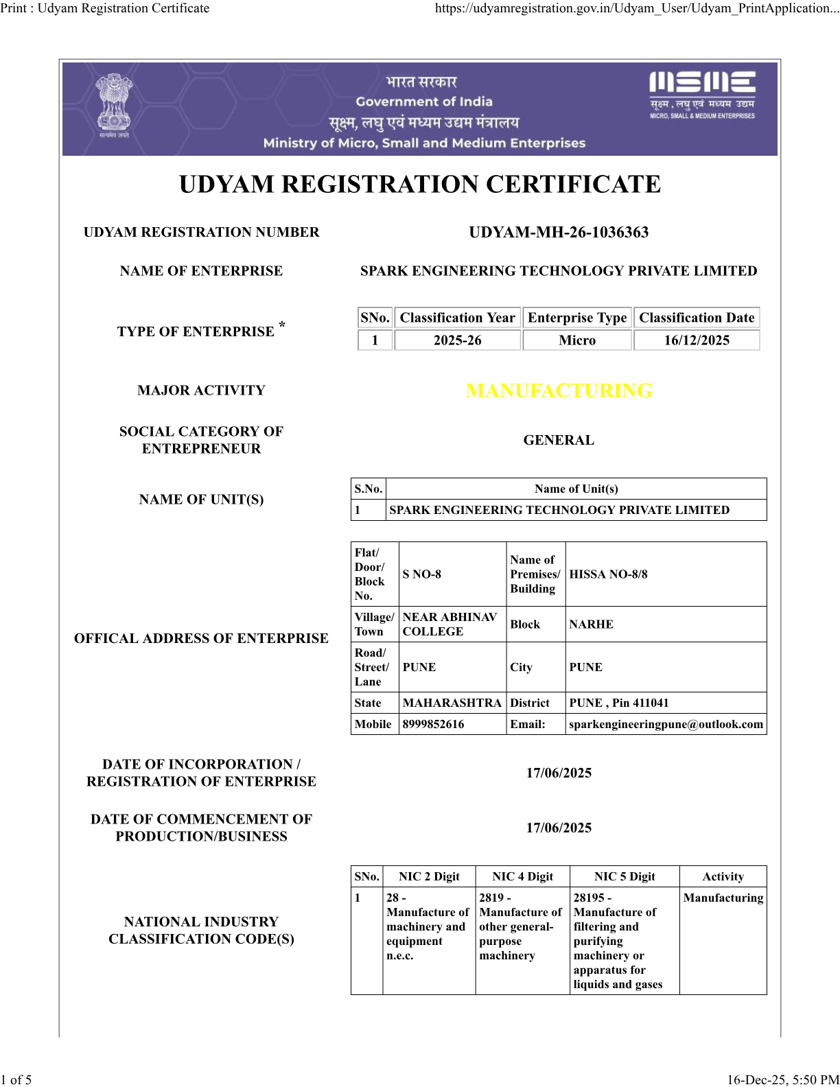 First page preview of Spark Engineering Udyam registration certificate